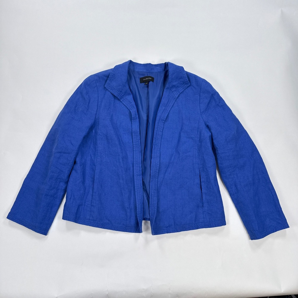 Talbots Womens Blazer 12 Blue Linen Open Front Minimalist Coastal Classic